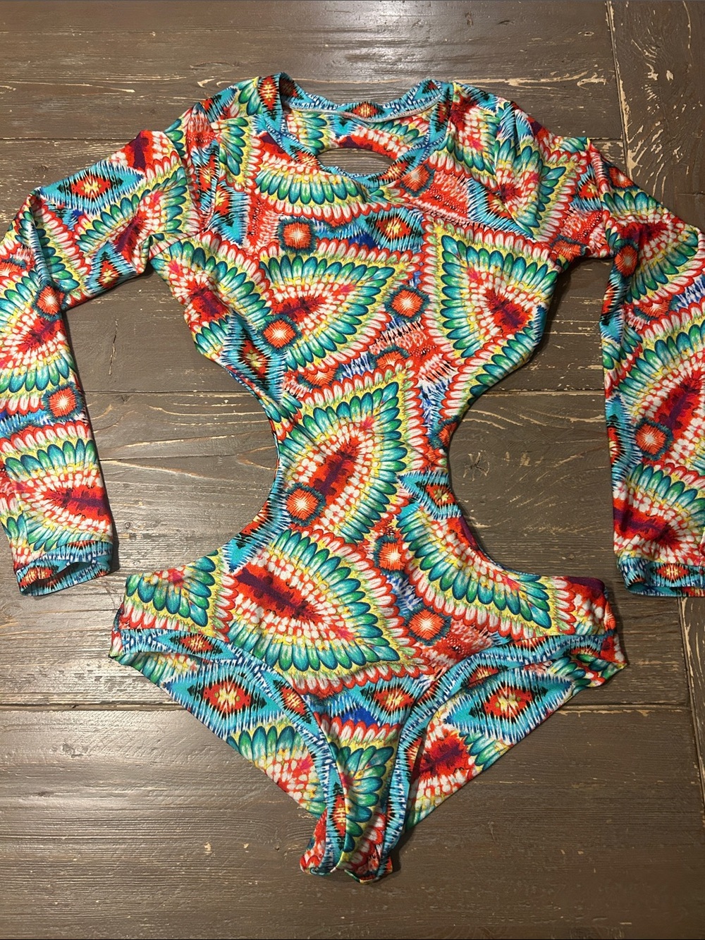 Luli Fama Multicolor Red Teal Long Sleeve One-Piece Swimsuit